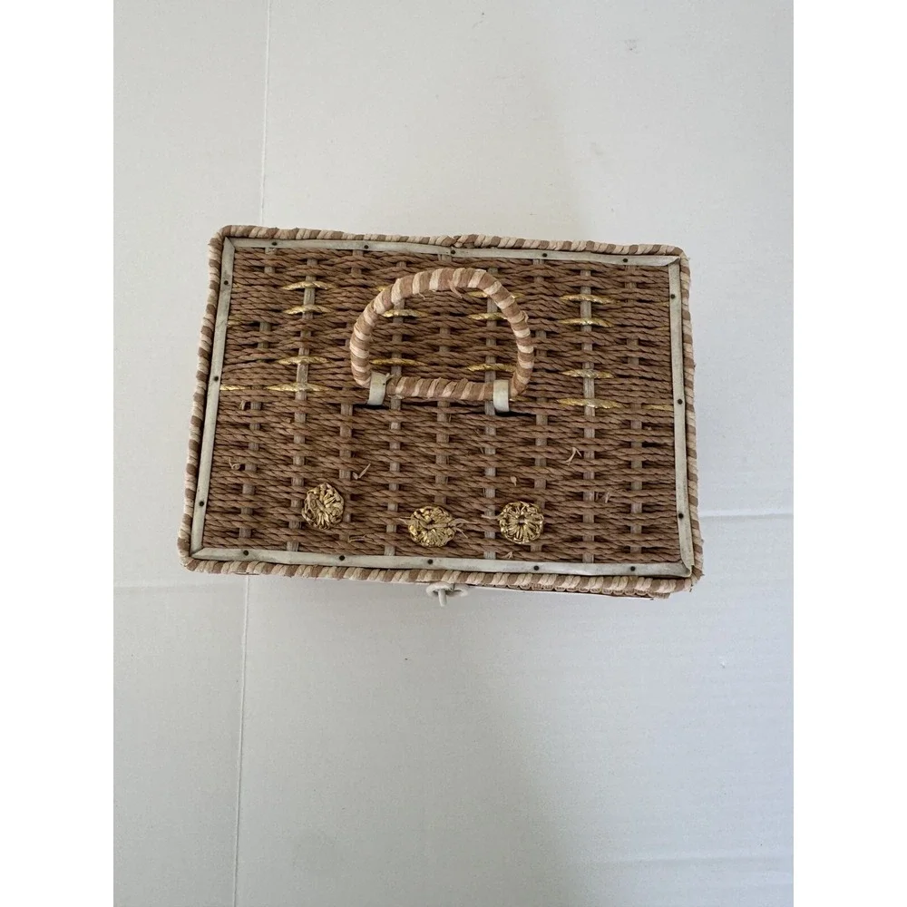Vintage Sewing Basket Notions Box Woven Decorative Trinket Storage Used Grandma